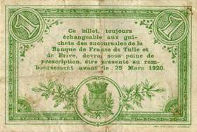 Billet de la Chambre de Commerce de la Corrèze - 1 franc - remboursement avant le 25 mars 1920 - 5ème émission - Série A - numéro 40528