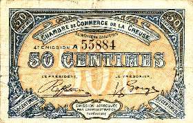 Billet de la Chambre de Commerce de la Creuse - 50 centimes - dlibration du 2 juillet 1918 - 4me mission