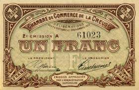 Billet de la Chambre de Commerce de la Creuse - 1 franc - dlibrations du 26 octobre et 19 novembre 1915