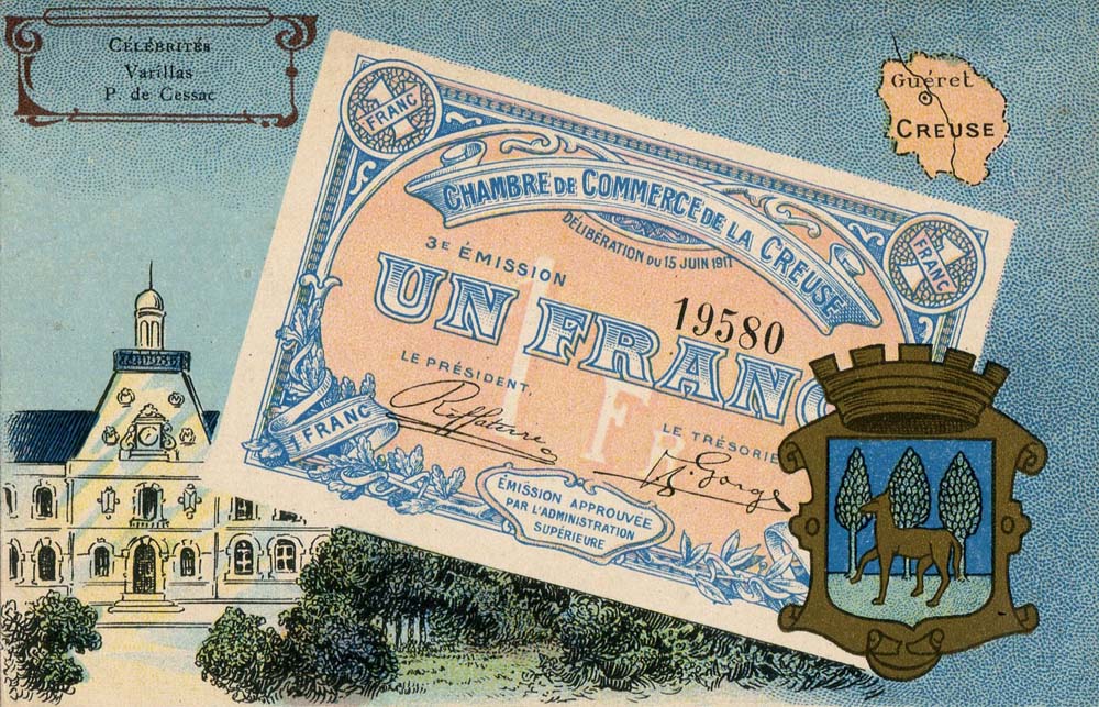 Carte postale reprsentant un billet de 1 franc - dlibration du 15 juin 1917 - 3me mission - n 19580 - de la Chambre de Commerce de la Creuse