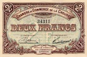 Billet de la Chambre de Commerce de la Creuse - 2 francs - dlibration du 27 juillet 1915