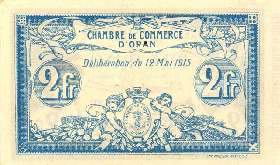 Billet de la Chambre de Commerce d'Oran - 2 francs - délibération du 12 mai 1915 - série D
