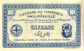 Billet de la Chambre de Commerce de Philippeville - 1 franc - délibération du 10 novembre 1914 - valeur en lettre au verso + nom d'imprimeur