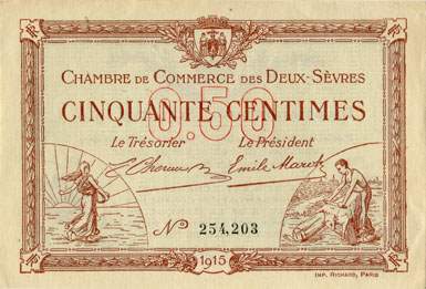 Billet de la Chambre de Commerce des Deux-Sèvres (Niort) - 50 centimes - délibération du 30 septembre 1915 - n° 254,203