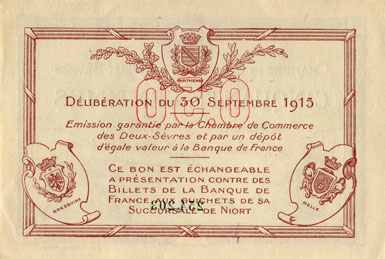 Billet de la Chambre de Commerce des Deux-Sèvres (Niort) - 50 centimes - délibération du 30 septembre 1915 - n° 254,203