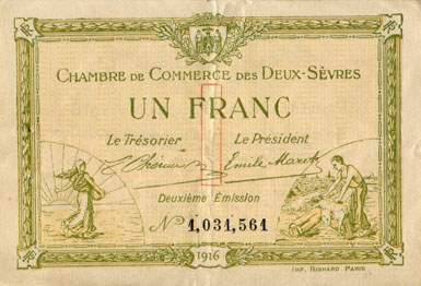 Billet de la Chambre de Commerce des Deux-Sèvres (Niort) - 1 franc - délibération du 10 juillet 1916 - 2ème émission - n° 1,031,581