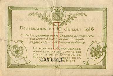 Billet de la Chambre de Commerce des Deux-Sèvres (Niort) - 1 franc - délibération du 10 juillet 1916 - 2ème émission - n° 1,031,581