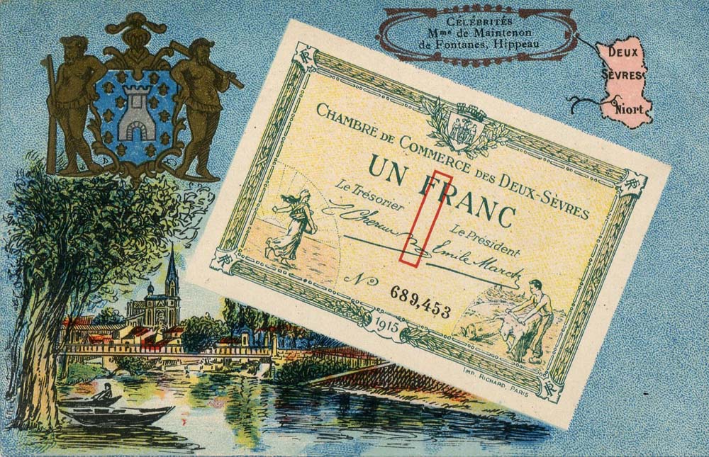 Carte postale reprséentant un billet de 1 franc 1915 n° 689,453 de la Chambre de Commerce des Deux-Sèvres