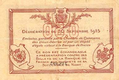 Billet de la Chambre de Commerce des Deux-Sèvres (Niort) - 50 centimes - délibération du 30 septembre 1915 - n° 248,995