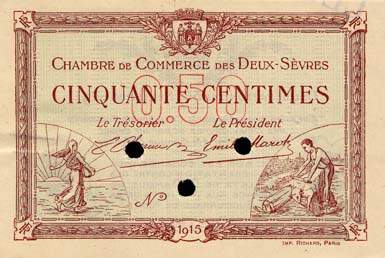 Billet de la Chambre de Commerce des Deux-Sèvres (Niort) - 50 centimes - délibération du 30 septembre 1915 - spécimen
