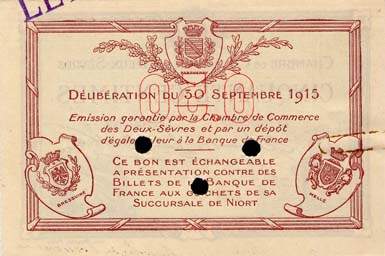 Billet de la Chambre de Commerce des Deux-Sèvres (Niort) - 50 centimes - délibération du 30 septembre 1915 - spécimen