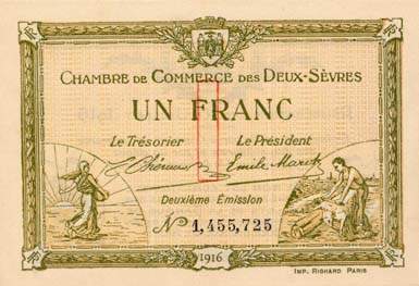 Billet de la Chambre de Commerce des Deux-Sèvres (Niort) - 1 franc - délibération du 10 juillet 1916 - 2ème émission - n° 1,455,725