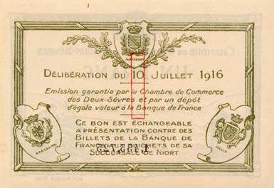 Billet de la Chambre de Commerce des Deux-Sèvres (Niort) - 1 franc - délibération du 10 juillet 1916 - 2ème émission - n° 1,455,725