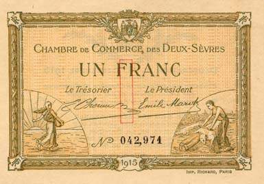 Billet de la Chambre de Commerce des Deux-Sèvres (Niort) - 1 franc - délibération du 30 septembre 1915 - n° 042,971