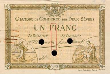 Billet de la Chambre de Commerce des Deux-Sèvres (Niort) - 1 franc - délibération du 30 septembre 1915 - spécimen
