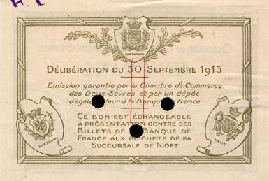 Billet de la Chambre de Commerce des Deux-Sèvres (Niort) - 1 franc - délibération du 30 septembre 1915 - spécimen