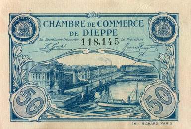 Billet de la Chambre de Commerce de Dieppe - 50 centimes - émission 1920 - sans filigrane - n° 118,145