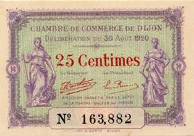 Billet de la Chambre de Commerce de Dijon - 25 centimes - dlibration du 30 aot 1920 - n163,882