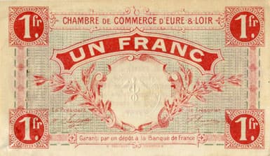 Billet de la Chambre de Commerce d'Eure-et-Loir (Chartres) - 1 franc - Emis le 1er octobre 1915 - fond gris