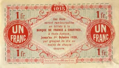 Billet de la Chambre de Commerce d'Eure-et-Loir (Chartres) - 1 franc - Emis le 1er octobre 1915 - fond gris