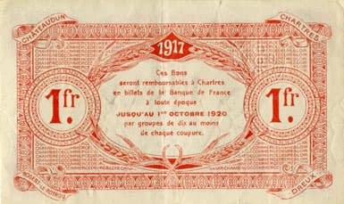 Billet de la Chambre de Commerce d'Eure-et-Loir (Chartres) - 1 franc - 2�me �mission - avril 1917
