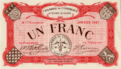 Billet de la Chambre de Commerce d'Eure-et-Loir (Chartres) - 1 franc - 5�me �mission - janvier 1921