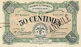 Billet de la Chambre de Commerce d'Eure-et-Loir (Chartres) - 50 centimes - 2ème émission - avril 1917 - spécimen annulé