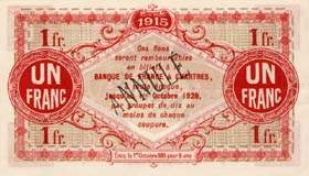 Billet de la Chambre de Commerce d'Eure-et-Loir (Chartres) - 1 franc - Emis le 1er octobre 1915 - spécimen annulé