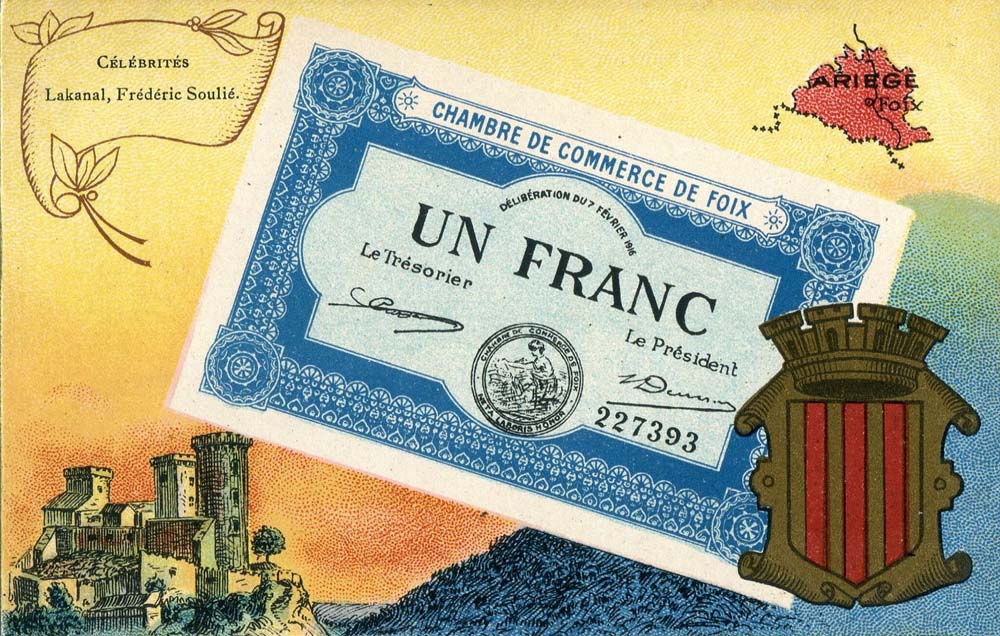 Carte postale représentant un billet de 1 franc - délibération du 7 février 1916 n° 227393 - de la Chambre de Commerce de Foix