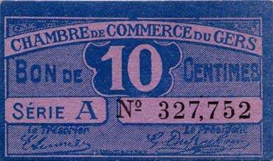 Billet de la Chambre de Commerce du Gers - 10 centimes - remboursable avant le 31 décembre 1925 -  série A