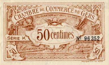Billet de la Chambre de Commerce du Gers - 50 centimes - délibération du 17 janvier 1918 - série K - n° 96352