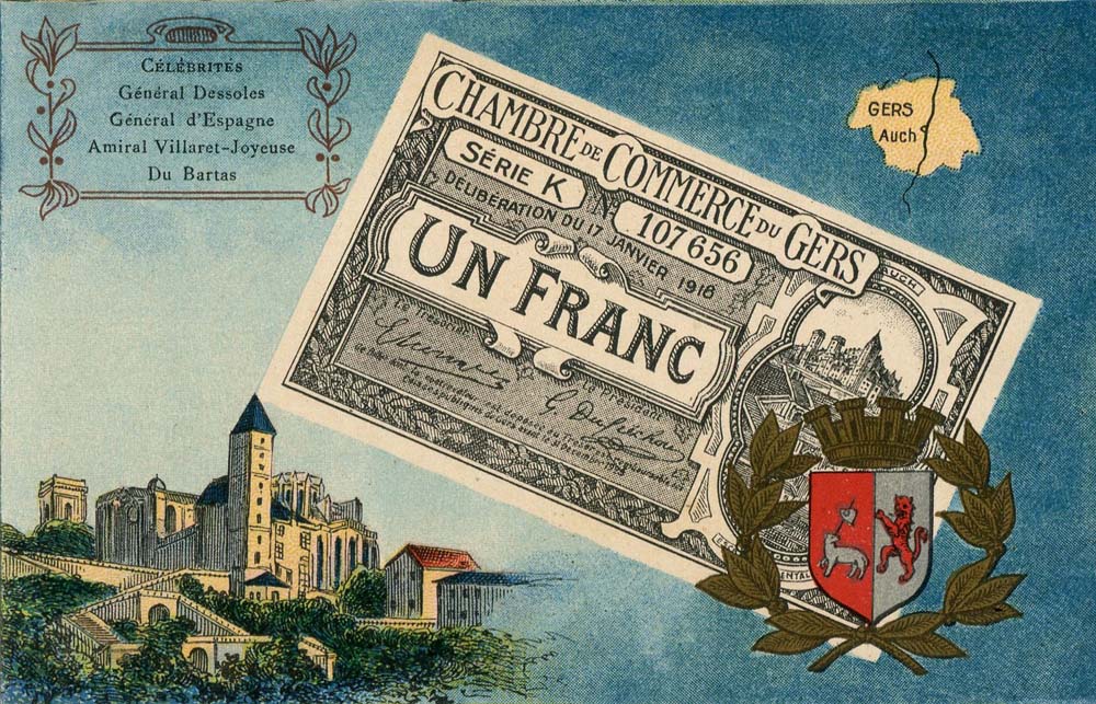 Carte postale représentant un billet de 1 franc - délibération du 17 janvier 1916 - série K - n° 107656 - de la Chambre de Commerce du Gers