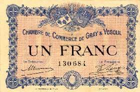 Billet de la Chambre de Commerce de Gray & Vesoul - 1 franc - émission du 4 octobre 1915 - sans filigrane