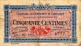 Billet de la Chambre de Commerce de Grenoble - 50 centimes - délibération du 14 septembre 1916