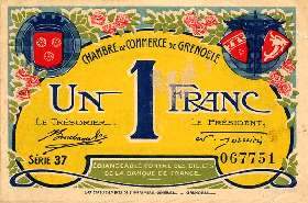 Billet de la Chambre de Commerce de Grenoble - 1 franc - délibération du 8 novembre 1917 - sans nom du graveur