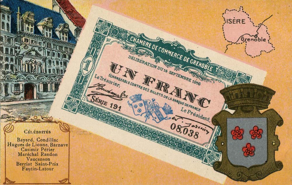Carte postale représentant un billet de 1 franc - délibération du 14 septembre 1916 - série 191 - n° 08,038 - de la Chambre de Commerce de Grenoble