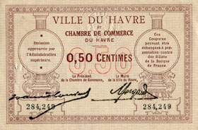 Billet de la Ville du Havre et Chambre de Commerce du Havre - 50 centimes - numéro 284,249
