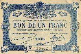 Billet de la Ville du Havre et Chambre de Commerce du Havre - 1 franc - 1916 - numéro 130402