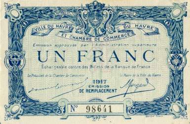 Billet de la Ville du Havre et Chambre de Commerce du Havre - 1 francs - 1917 - �mission de remplacement - n�&nbsp;98641
