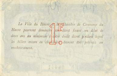 Billet de la Ville du Havre et Chambre de Commerce du Havre - 1 francs - 1917 - �mission de remplacement - n�&nbsp;98641