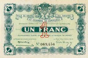 Billet de la Ville du Havre et Chambre de Commerce du Havre - 1 franc - 1920 - émission de remplacement du 15 janvier 1920 - n° 069,456