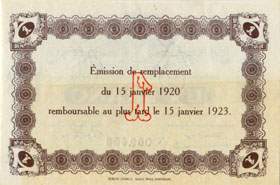 Billet de la Ville du Havre et Chambre de Commerce du Havre - 1 franc - 1920 - émission de remplacement du 15 janvier 1920 - n° 069,456