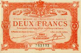 Billet de la Ville du Havre et Chambre de Commerce du Havre - 2 francs - 1917 - émission de remplacement - n°343133
