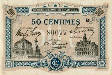 Billet de la Chambre de Commerce de Limoges - 50 centimes - remboursement avant le 1er octobre 1919 - s�rie&nbsp;B - n�&nbsp;80077