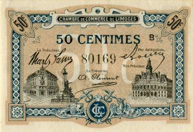 Billet de la Chambre de Commerce de Limoges - 50 centimes - remboursement avant le 1er octobre 1919 - s�rie&nbsp;B - n�&nbsp;80169