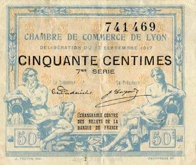 Billet de la Chambre de Commerce de Lyon - 50 centimes - délibération du 13 septembre 1917 - 7ème série