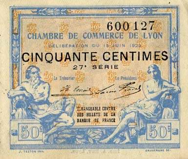Billet de la Chambre de Commerce de Lyon - 50 centimes - délibération du 15 juin 1922 - 27ème série