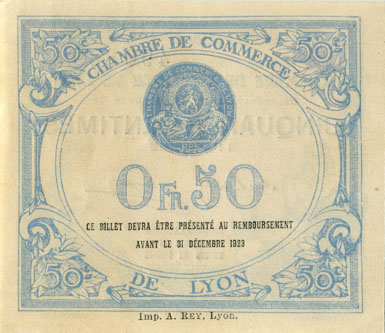 Billet de la Chambre de Commerce de Lyon - 50 centimes - délibération du 16 octobre 1919 - 11ème série - n° 490869