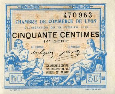 Billet de la Chambre de Commerce de Lyon - 50 centimes - délibération du 19 février 1920 - 14ème série
