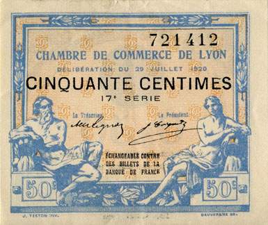 Billet de la Chambre de Commerce de Lyon - 50 centimes - délibération du 29 juillet 1920 - 17ème série